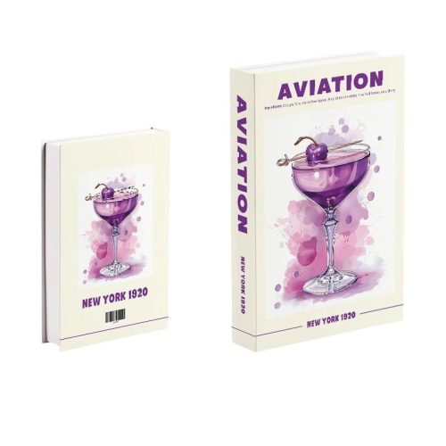 Deux livres sont présentés : la couverture et la quatrième de couverture. Tous deux comportent une illustration d'un cocktail violet avec une cerise et un pic dans un verre, sur un fond d'aquarelle. Les titres AVIATION et NEW YORK 1920 figurent sur la couverture et le dos - parfait pour votre étagère.
