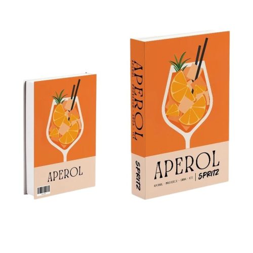 Deux livres aux couvertures orange présentent un grand verre à vin rempli d'Aperol spritz, de glaçons, de tranches d'orange et de deux pailles noires. Parfait pour votre bibliothèque ou comme accessoire de lecture, le titre en gras APEROL apparaît sous l'illustration.