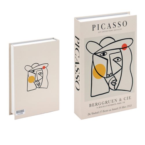 Deux livres rectangulaires se tiennent debout. Les deux couvertures présentent un dessin minimaliste d'un visage avec des formes abstraites en noir, rouge et jaune. Un accessoire de lecture parfait pour tout passionné de lecture. Le plus grand livre est intitulé PICASSO avec un texte en français.