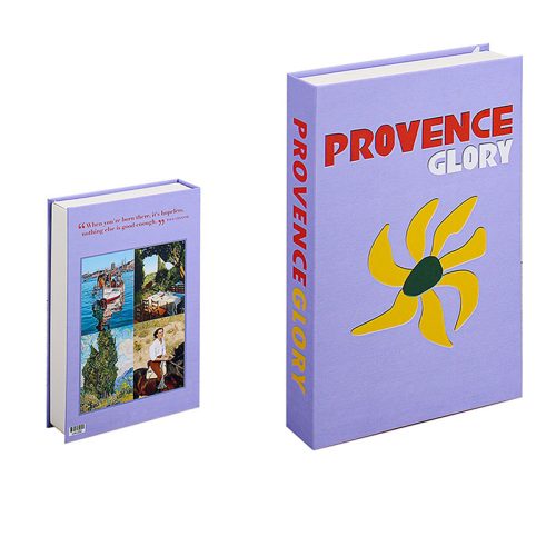 Deux livres à couverture rigide violette intitulés Provence Glory, parfaits pour tout passionné de lecture, l'un montrant la couverture vibrante et le motif du soleil, l'autre affichant des images pittoresques et une courte citation au verso.