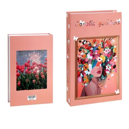 Deux livres cartonnés de couleur corail se tiennent debout. Le livre de gauche représente des tulipes rouges près d'une eau pétillante. Le livre de droite, intitulé "Corolla goddess", représente une femme à la chevelure fleurie, bordée d'or et de papillons - parfait pour toute Bibliothéque ou accessoire de lecture.