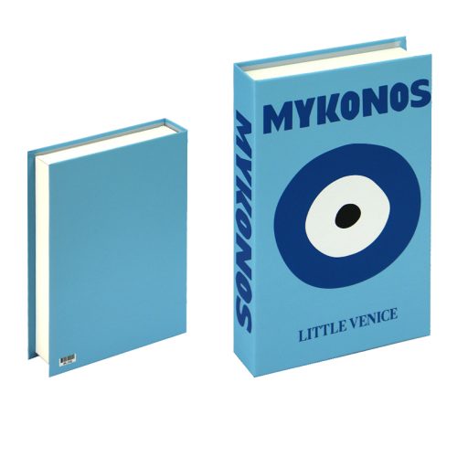 Deux livres se tiennent debout sur un fond blanc, parfaits pour une Bibliothéque. Le livre de gauche a une couverture bleu clair unie. Le livre de droite affiche MYKONOS en caractères bleus gras, comporte un symbole de l'œil et indique LITTLE VENICE en bas.
