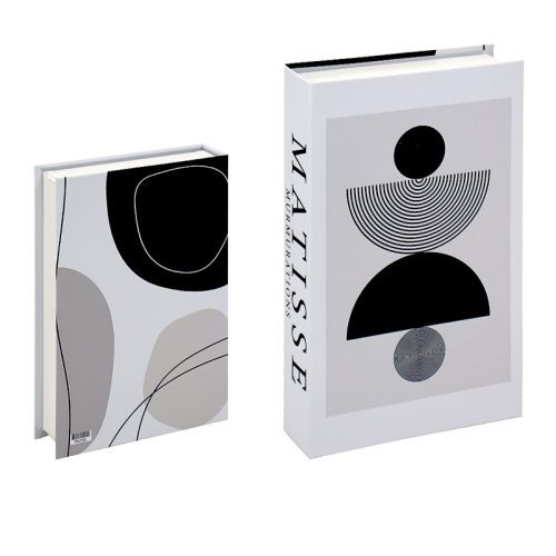 Deux livres se tiennent debout sur une étagère. Le livre de gauche présente un motif organique abstrait noir, gris et beige. Le livre de droite, plus grand, est intitulé "MATISSE", avec un texte noir sur le dos et une couverture géométrique minimaliste.