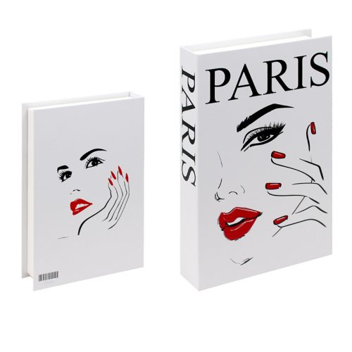 Deux livres blancs présentent un dessin au trait minimaliste d'un visage de femme avec des lèvres et des ongles rouges. Parfait pour toute Bibliothéque ou étagère, le plus grand livre affiche PARIS en lettres noires grasses ; le plus petit ne montre que le visage illustré et un code-barres au dos.