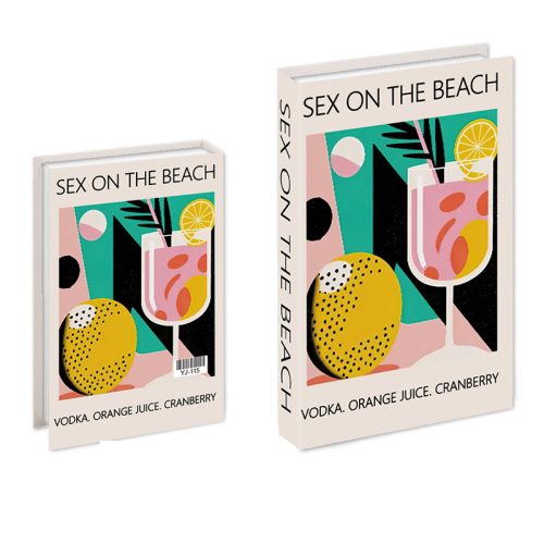 Deux livres intitulés Sex on the Beach, parfaits pour tout passionné de lecture, présentent des couvertures colorées avec des illustrations abstraites d'un verre à cocktail garni de tranches d'orange et de citron, d'un gros fruit jaune et de formes géométriques audacieuses. Sous-titre : Vodka. Jus d'orange. Canneberge.