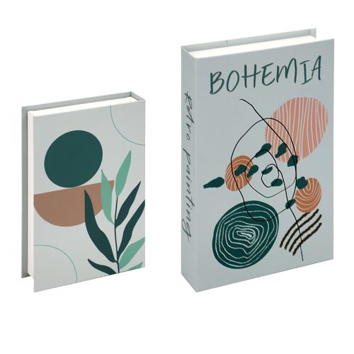 Deux livres aux couvertures botaniques abstraites sont exposés sur une Bibliothéque. Le plus grand livre, intitulé BOHEMIA, présente des formes géométriques vertes, beiges et orange. Le plus petit partage la même palette avec des illustrations de plantes à feuilles, parfaites pour les passionnés de lecture.