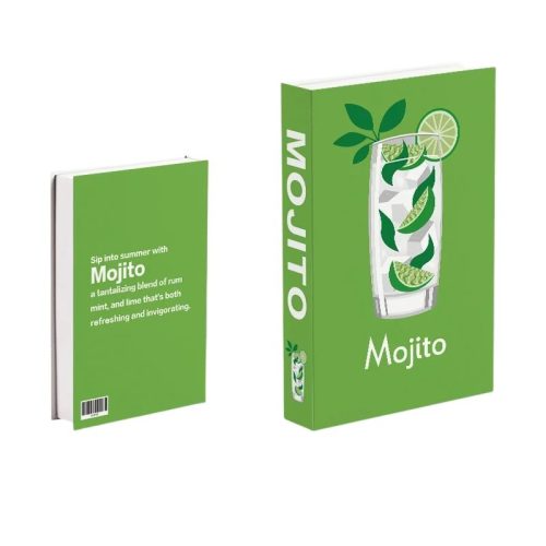 Deux livres verts intitulés Mojito sont présentés. La couverture présente un grand verre de mojito avec des feuilles de menthe, des tranches de citron vert et des glaçons - parfait pour tout passionné de lecture. Le dos présente le titre verticalement avec une petite illustration de mojito.
