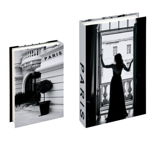 Deux couvertures de livres en noir et blanc : l'une représente une façade d'immeuble avec PARIS et une plante en pot, l'autre une femme en silhouette devant la porte ouverte d'un balcon. Parfaites pour les passionnés de lecture, elles évoquent toutes deux l'atmosphère parisienne.