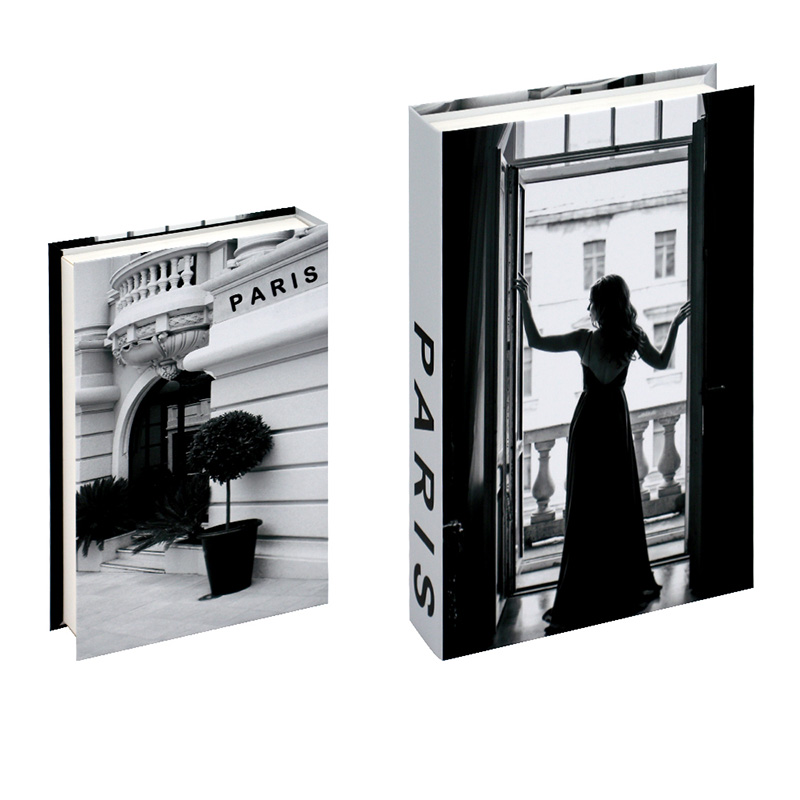 Faux livre Dame de Paris deux couvertures de livres en noir et blanc : l'une représente une façade d'immeuble avec paris et une plante en pot, l'autre une femme en silhouette devant la porte ouverte d'un balcon. parfaites pour les passionnés de lecture, elles évoquent toutes deux l'atmosphère parisienne.