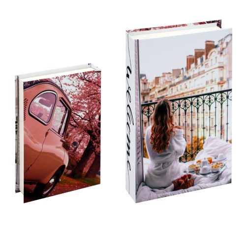 Deux livres décoratifs se tiennent debout. Le livre de gauche représente une voiture rose ancienne près de cerisiers en fleurs. Le livre de droite montre une femme en robe blanche sur un balcon, un plateau de petit-déjeuner à la main, surplombant les immeubles parisiens - parfait pour votre étagère littéraire.