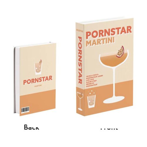 Deux vues d'un livre intitulé PORNSTAR MARTINI. La première de couverture présente une illustration d'un verre à cocktail avec une tranche de fruit de la passion, parfait comme Accessoire de lecture pour votre Bibliothéque. Les deux couvertures utilisent une palette de couleurs beige et orange.