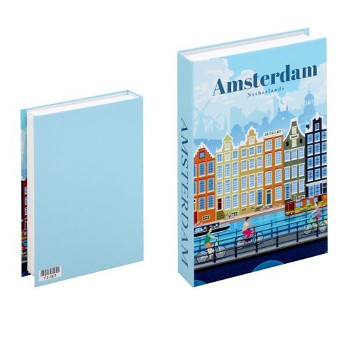 Deux livres sont présentés. Le premier livre a une couverture illustrée colorée intitulée Amsterdam Netherlands, représentant des maisons sur les canaux, des cyclistes et de l'eau - un charmant accessoire de lecture pour votre bibliothèque. Le dos du livre est bleu clair avec un code-barres en bas à droite.