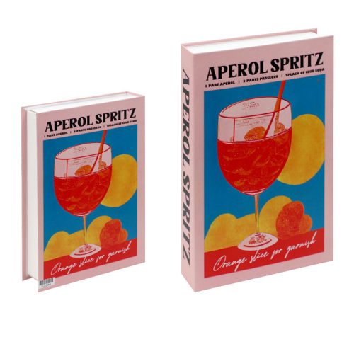Deux livres se tiennent debout, tous deux intitulés Aperol Spritz. Leurs couvertures représentent un grand verre d'Aperol Spritz orange avec une tranche d'orange et des glaçons, sur un fond bleu et orange - un accessoire de lecture parfait pour les passionnés de littérature.