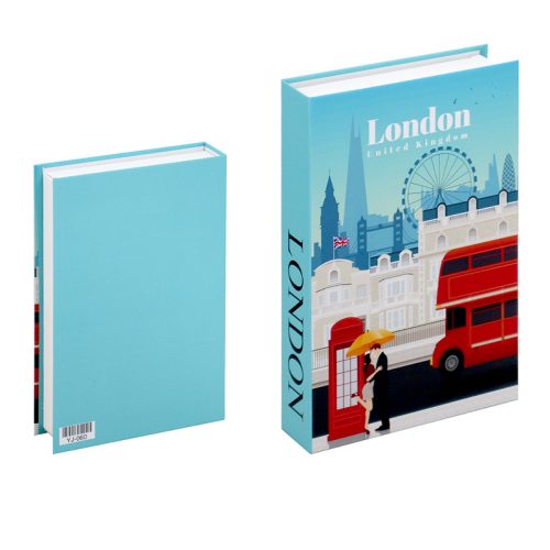 Deux livres sont présentés : celui de gauche a une couverture bleu clair unie avec un code-barres, tandis que celui de droite présente une scène londonienne illustrée avec des points de repère et un couple sous un parapluie. Parfait pour compléter votre bibliothèque ou comme accessoire de lecture.