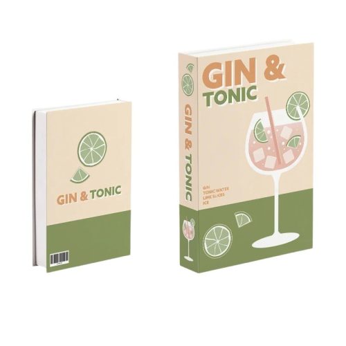 Deux livres aux couvertures pastel portent la mention GIN & TONIC. Chacun présente des tranches de citron vert et un grand verre à cocktail illustré avec de la glace et une paille. Parfaits pour toute bibliothèque, leurs couleurs beige, vert et orange évoquent une esthétique simple et fraîche.
