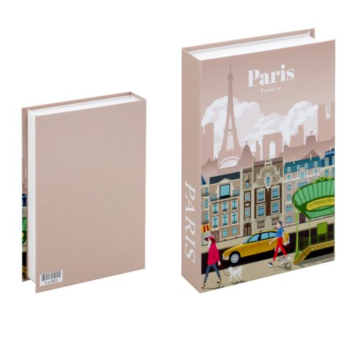 Deux boîtes rectangulaires en forme de livre. L'une est illustrée d'une scène parisienne avec la Tour Eiffel et la vie urbaine, et porte la mention "Paris". L'autre présente un dos et un dos rose uni - parfait pour votre Bibliothéque ou étagère.