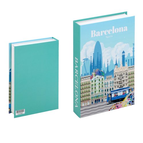 Deux livres sont présentés. L'un présente une couverture arrière et un dos de couleur sarcelle. L'autre présente des illustrations vibrantes de monuments de Barcelone et d'un tramway, avec "Barcelona Spain" en blanc en haut de la couverture. Il s'agit de l'accessoire de lecture idéal pour toute bibliothèque littéraire.