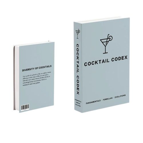 Deux livres se tiennent debout, tous deux intitulés Cocktail Codex avec un verre à martini minimaliste sur la couverture. Parfait pour toute bibliothèque, cet Accessoire de lecture explore la diversité des cocktails, un livre présentant le recto et l'autre le verso.