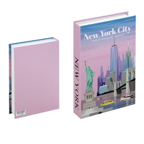 Deux livres à couverture rigide se tiennent debout sur une étagère. Le premier livre présente une illustration vibrante des monuments de la ville de New York, avec la Statue de la Liberté et le One World Trade Center, ainsi que des bateaux sur le fleuve. Le dos porte la mention "New York". Le dos du livre est d'un rose clair uni.