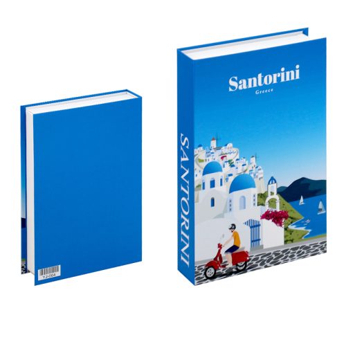 Deux livres se tiennent debout. L'un a une couverture bleu vif, tandis que l'autre est intitulé Santorin Grèce et présente une scène illustrée de bâtiments blancs et bleus, d'un scooter rouge et d'un passionné de lecture se promenant près de la mer.