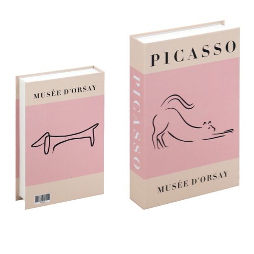Deux livres se tiennent debout avec des couvertures rose pâle et crème. Idéal pour un passionné de lecture, chaque ouvrage présente un dessin minimaliste de chien par Picasso et la mention "MUSÉE D'ORSAY".