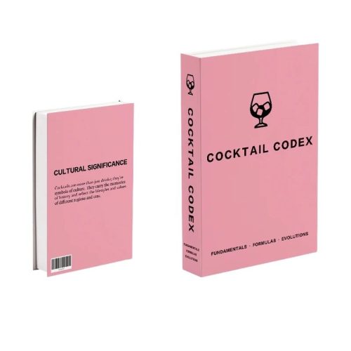 Deux livres roses sont présentés. Le premier livre se tient debout et porte l'inscription COCKTAIL CODEX avec une icône de boisson au-dessus, ce qui en fait un accessoire de lecture idéal pour toute bibliothèque. Le livre de dos présente la quatrième de couverture avec le titre "SIGNIFICATION CULTURELLE".