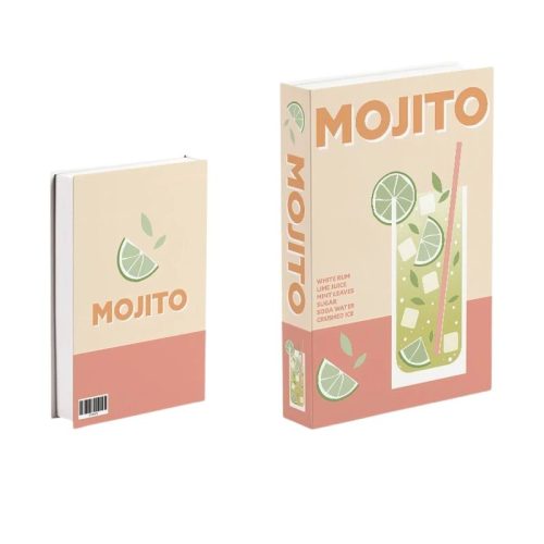 Deux carnets de couleur pastel sont présentés, chacun avec MOJITO en lettres grasses, des tranches de citron vert et une illustration de cocktail minimaliste. Le plus grand contient un grand verre avec de la glace, de la menthe et du citron vert ; le plus petit ressemble à un romain sur une étagère avec une couverture en forme de quartier de citron vert et un dos avec un code-barres.