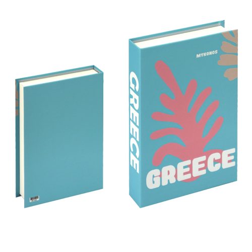 Deux livres sont debout contre un fond blanc. Le livre de gauche a une couverture bleu clair uni. Celui de droite, parfait pour tout passionné de lecture, affiche "GREECE" en gros caractères blancs avec un motif rose et "MYKONOS" en haut.