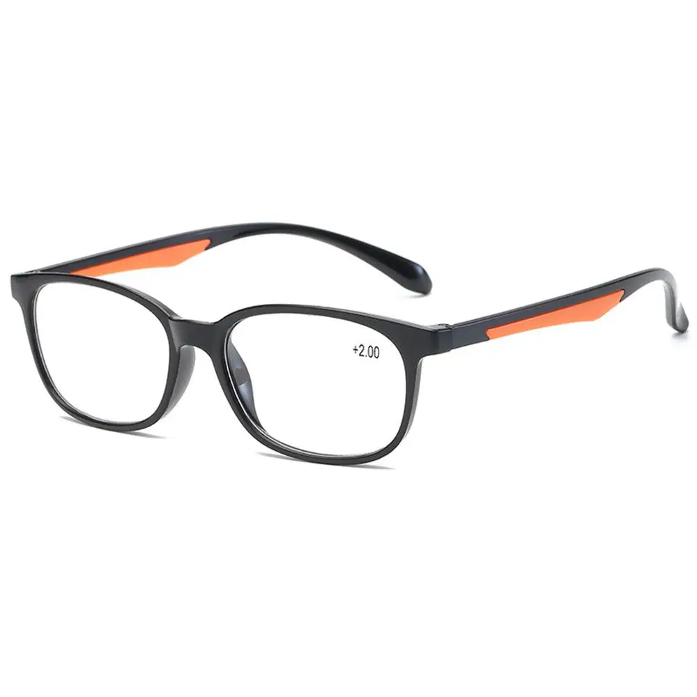 lunette de lecture 1.50 une paire de lunettes de lecture rectangulaires noires avec des accents orange sur les branches, parfaites pour tout passionné de lecture. la lentille droite affiche un grossissement de +2,00, et le design moderne, légèrement incurvé, s'inscrit sur un fond blanc.