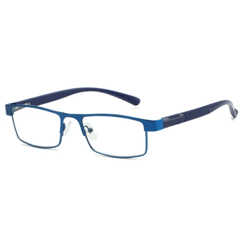 Une paire de lunettes rectangulaires avec une fine monture en métal bleu et des branches en plastique bleu, parfaites comme accessoire de lecture. Les plaquettes de nez transparentes et les branches légèrement incurvées créent un design moderne et léger.