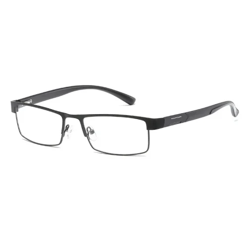 Lunettes rectangulaires noires avec de fines montures en métal, des verres transparents et des plaquettes de nez réglables. Accessoire de lecture pour tout passionné de lecture, elles présentent des branches droites avec une charnière subtile et sont affichées sur un fond blanc.
