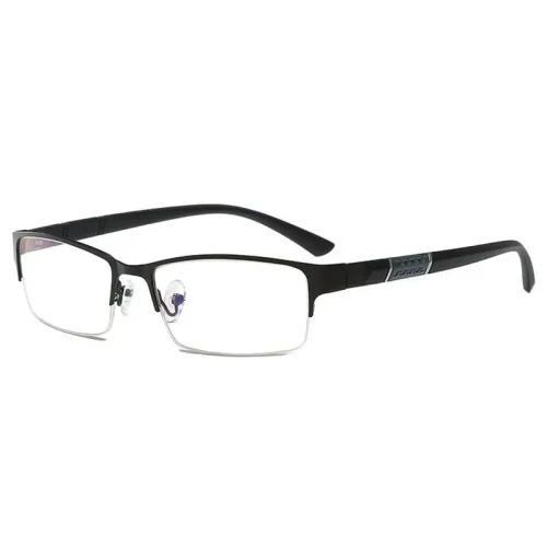 Une paire de lunettes rectangulaires, sans monture, avec une monture en métal noir mat - un élégant accessoire de lecture. Les verres transparents sont encadrés en haut et sur les côtés. Les plaquettes de nez transparentes réglables et les branches noires texturées complètent le look littéraire.