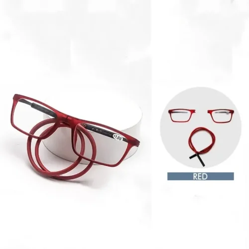 Les lunettes rectangulaires rouges d'Accessoire de lecture sont présentées avec des montures flexibles. Une paire est posée sur un support rond blanc, tandis qu'une autre image met en évidence leur nature flexible. La couleur ROUGE est indiquée ci-dessous.