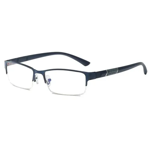 Une paire de lunettes rectangulaires avec une monture bleu foncé sans monture, des verres transparents, des plaquettes nasales réglables et des branches fines avec un accent argenté texturé près des charnières - un look parfait pour un décor littéraire ou bibliothécaire.